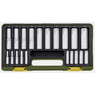 COFFRET DE 20 DOUILLES ALLONGEES PROXXON 1/2" : 13 - 14 - 15 - 16 - 17 - 18 - 19 - 21 - 22 - 24mm1/4" : 4 - 5 - 5.5 - 6 - 7 -