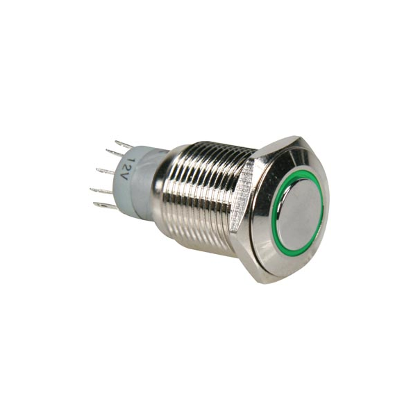 BOUTON POUSOIR 1 CONTACT MONOSTABLE + LED VERT 16MM