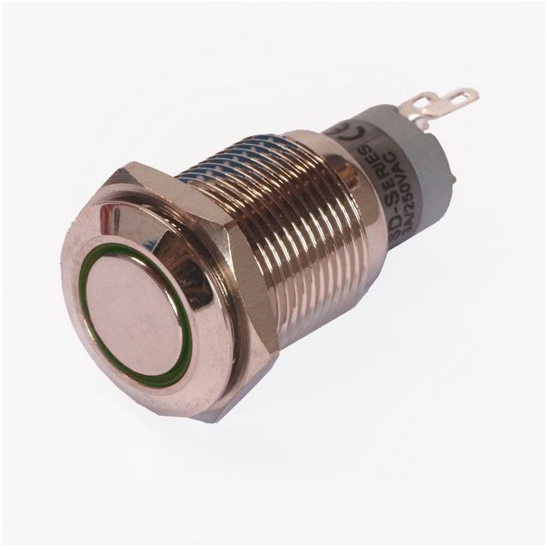 BOUTON POUSOIR 1 CONTACT BISTABLE + LED VERT 16MM