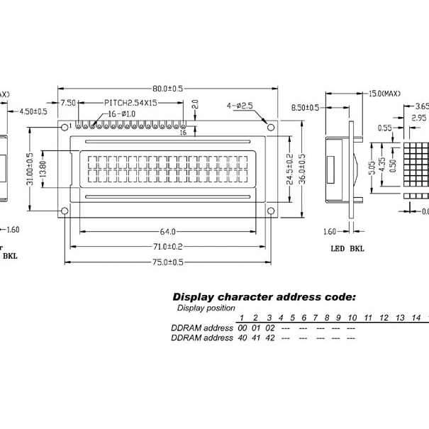 LCD 16 x 2 "BOTTOM VIEW" TYPE REFLECTIF