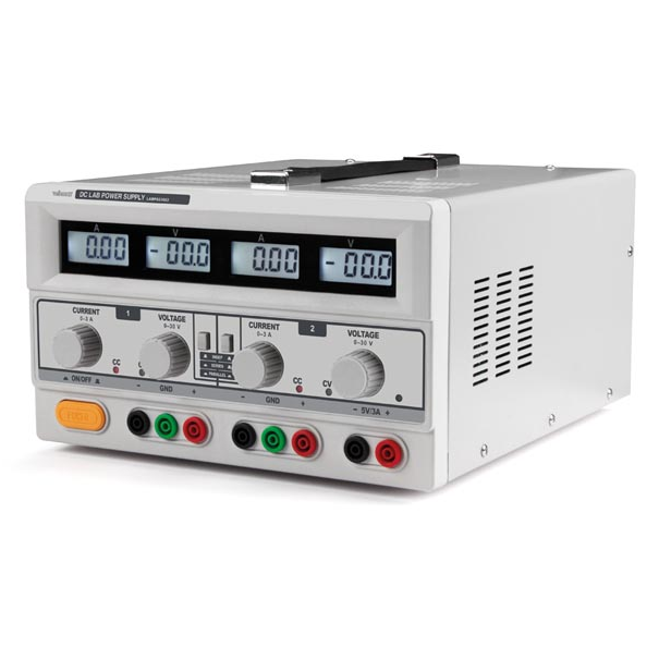 DOUBLE ALIMENTATION DE LABORATOIRE 2 x 0-30 VCC / 0-3 A + 5 VCC fixe 3 A MAX / AVEC 4 AFFICHEURS LCD.